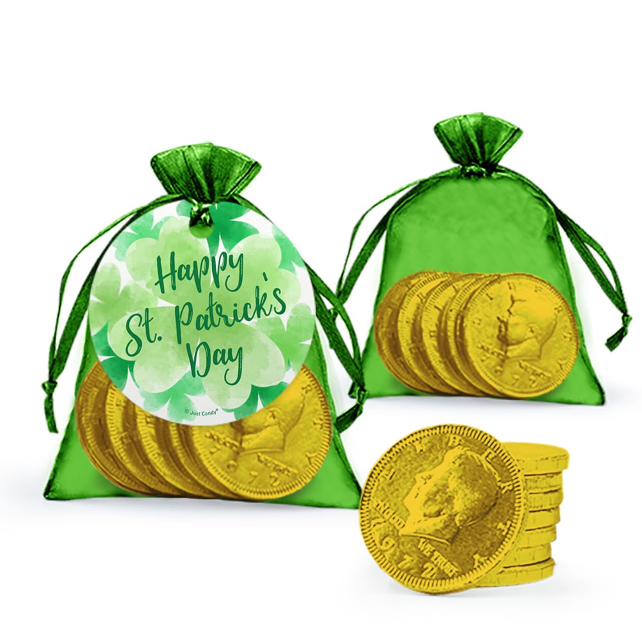 12 Pack St. Patrick's Day Green Organza Bag Favors Filled With Chocolate Gold Foiled Coins For Gifts, Giveaways, Dessert Tables & More - Watercolor Clovers